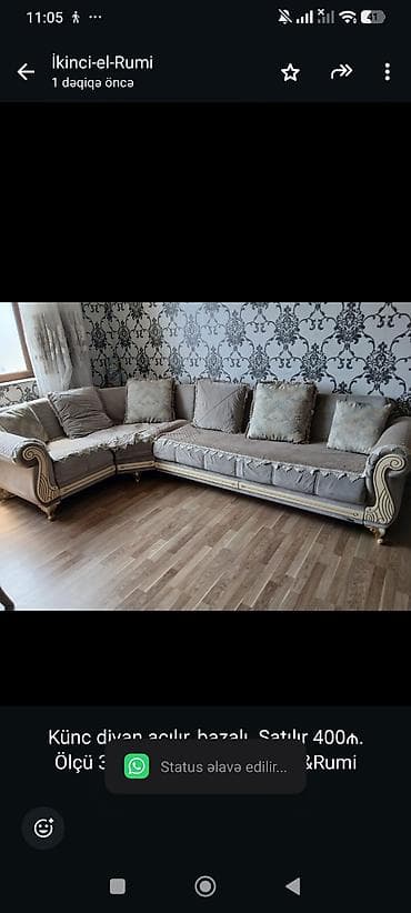 divan satisi: Künc divan açılır, bazalı. Satılır 400₼. Ölçü 3×0.50. Ünvan Masazır — 1