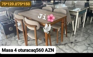 Mətbəx üçün, Yeni, Dördbucaq masa, 4 stul