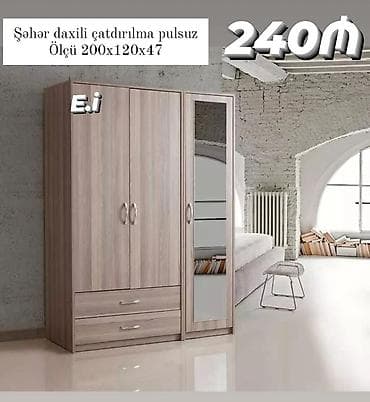 2 el: Güzgülü paltar şkafı – müasir dizayn, taxta teksturalı rəng. Ölçü — 1