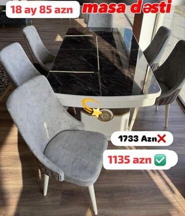 Qonaq otağı üçün, Yeni, Açılmayan, Dördbucaq masa, 6 stul