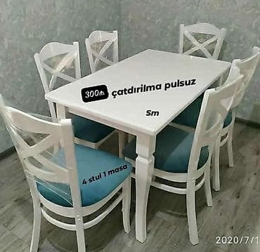 metbex sekilleri: Ağ rəngli mətbəx masa və stul dəsti. Dəstə 1 ədəd düzbucaqlı masa və 4 — 3