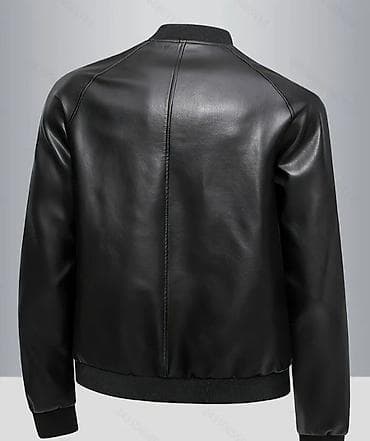 ev paltarları: Qara kişi dəri bomber gödəkçə - Model: minimal dizaynlı, fermuarlı — 2