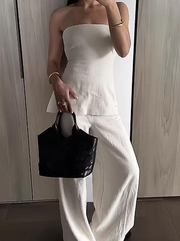 Qaşqay ağ rəngdə strapless top + enli şalvar iki parçalı dəst -