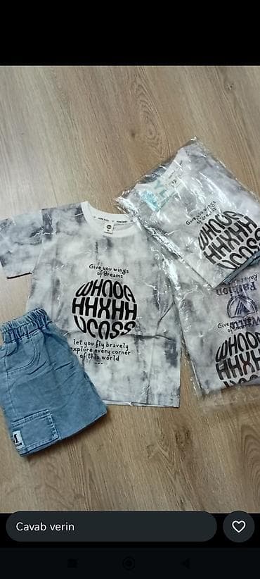 dəri uşaq çəkmələri: Uşaq geyim dəsti - Dəst: qısaqol köynək + şort - Köynək: boz-ağ — 1