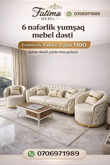 mini divanlar: Fatimə Mebel – 6 nəfərlik yumşaq mebel dəsti Tərkibi: - 1 ədəd üçlü — 1