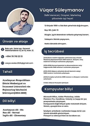 SMM menecer, 38 yaş, 5 ildən artıq təcrübə, Tam iş günü