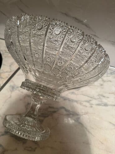 Kəsimli şüşə/polad kristal dizaynlı ayaqlı meyvə qabı - Klassik kəsim