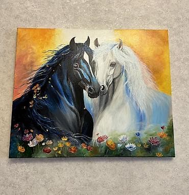 Şəkillər, tablolar: Əl işi yağlı boya tablo – “İki At” Kətan,taxta,şüşə qablara istənilən — 3