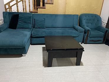 cuce su qabi: Künc divan dəsti + kreslo + orta stol - Rəng: tünd firuzə/teal - — 6