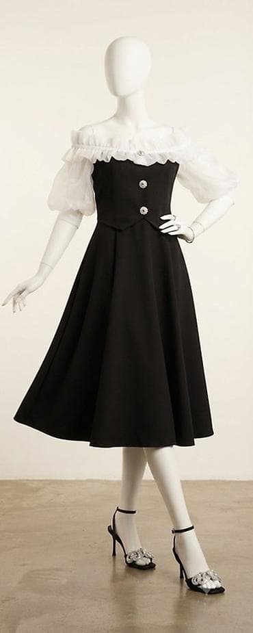 Qara-ağ zərif midi don (1defe geyinilib) - Dizayn: Off-shoulder (açıq