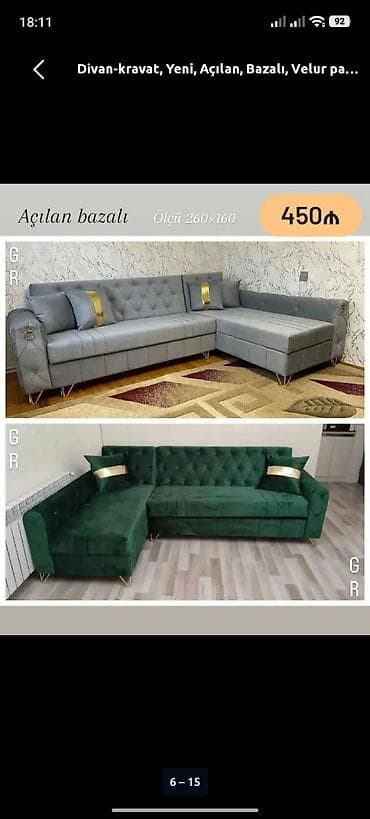 Divanlar: Künc divan, Yeni, Açılan, Bazalı, Vеlur parça, Şəhərdaxili pulsuz çatdırılma — 1