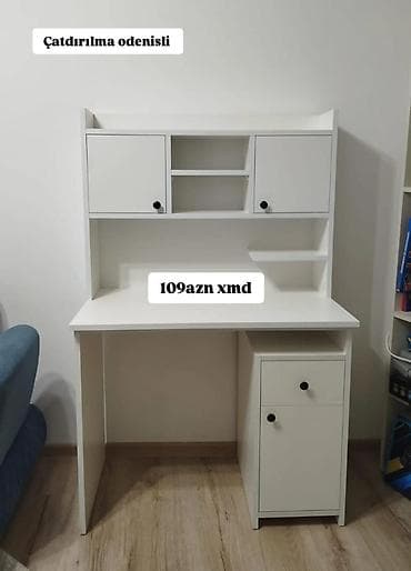 ucuz stol: Ağ rəngdə funksional yazı/kompüter masası - Yuxarı hissədə iki qapalı — 1