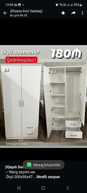 *2Qapılı Dolab 180Azn💥* ✔️Rəng seçimi var Ölçü 200x90x47 ✔️ *Şəhər