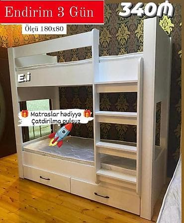 Uşaq üçün iki mərtəbəli çarpayı – ölçü 180x80. Ağ rəngli