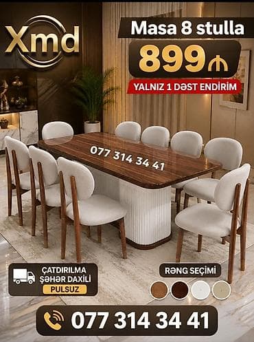 Masa və 8 ədəd stul dəsti - Dəst: 1 ədəd geniş yemək masası + 8 ədəd