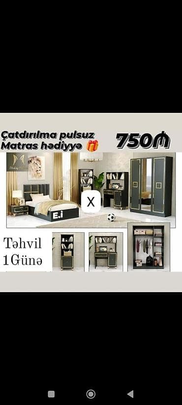 kitab skafi: Yataq otağı mebel dəsti – 750₼ Paket tərkibi: - Çarpayı (madrat — 1