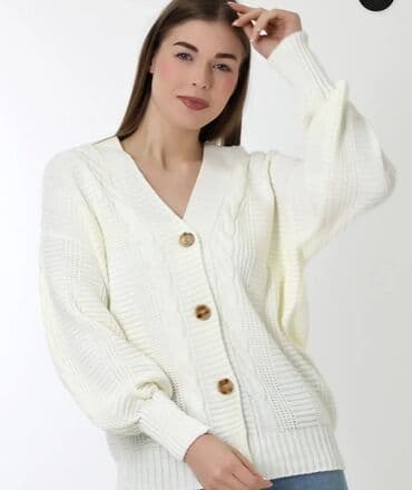 yun jaket modelleri: Ağ rəngli trikotaj kardiqan/kofta - Model: V-yaxalı, ön hissəsi — 6