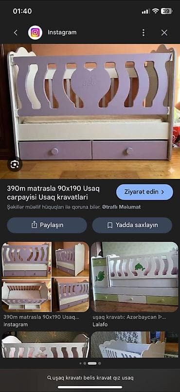 uşaq doşəyi: Qız üçün, İşlənmiş, Dördbucaq, Beşik, Matras ilə, Yellənmə mexanizmsiz — 8