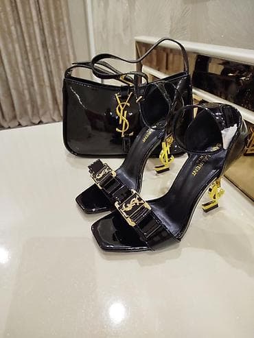 qiz sumkalari: Məhsul: Qara lak dəri qadın dəsti – çanta və açıq burunlu hündürdaban — 1