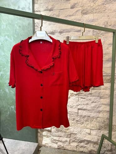 kiqurum qadın pijamaları: Qadın pijama dəsti – qısaqol köynək və şort - Dörd rəng: qırmızı — 1