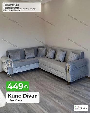 Künc Divan – 280×200 sm • Mexanizm: Açılan, bazalı (yataq funksiyası — 1