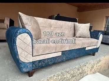 ev stullari: Bazalı divan - Rəng: krem və mavi kombinasiyası, dekorativ tikişli — 1