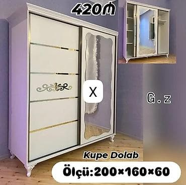 skaf: Kupe dolab - Ölçü: 200 × 160 × 60 sm - Rəng: ağ, qızılı dekor xətləri — 1