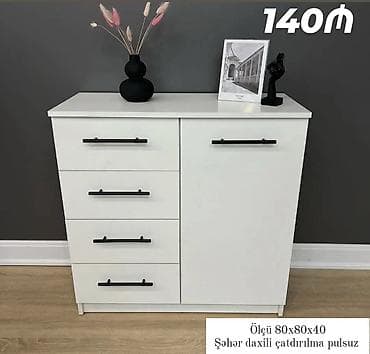 Ağ rəngli şkaf-komod - Dizayn: Minimalist üslub, mat ağ səth, qara