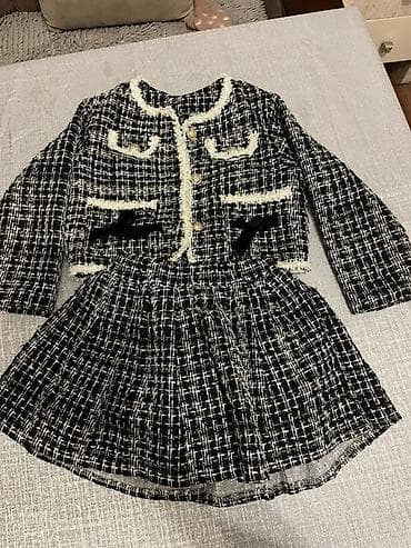 Qız uşaqları üçün tvid dəst - 2 parça: jaket və ətək - Rəng: qara-ağ