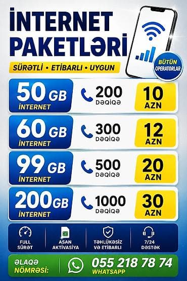 Masaüstü kompüterlər və komponentlər: İnternet paketləri – bütün operatorlar üçün - 50 GB internet + 200 — 1