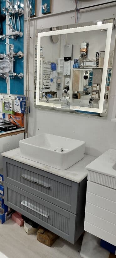 ev divar daslari: Hamam üçün dəst: LED işıqlı güzgü + üstden qoyulan çanaq + alt şkaf - — 1