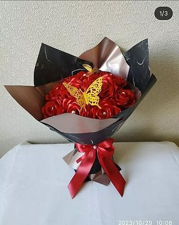 kağız skoç: Kompozisiya: Dekorativ gül buketləri - Satən lentdən hazırlanmış əl — 3