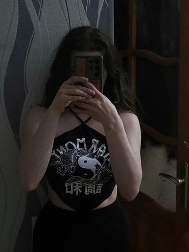 xari bulbul simvolu: Qara bandana krop top - Rəng: qara - Ön hissə: ağ çap – yin-yang — 1