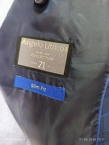 herbi paltar: Məhsul: Kişi kostyum dəsti – mavi, xətli (rəndalı) naxışlı, Slim Fit — 3