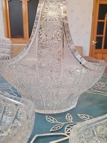 karaca tort qabı: Xrustal konfet qabları – səbət formalı, oyma naxışlı, şəffaf parıltılı — 4