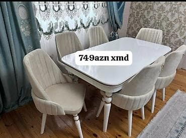 parda tül: Qonaq otağı üçün, Yeni, Açılmayan, Dördbucaq masa, 6 stul — 2