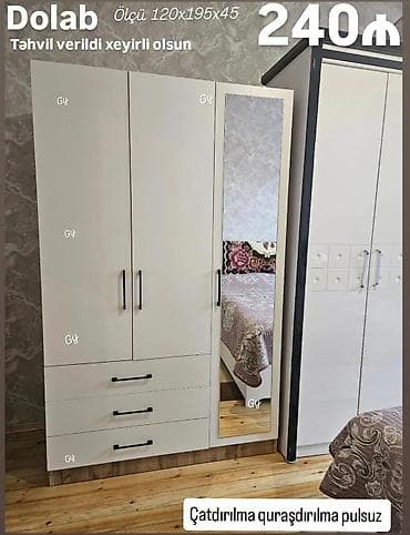 3 qapılı, Güzgülü, Ağ, Taxta, Açılan, Düz dolab