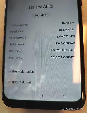 samsung a53 ekran: Samsung Galaxy A02 S, 32 GB, rəng - Qara, Sensor — 3