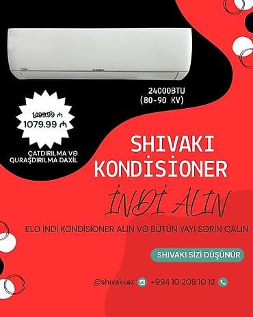 Kondisioner Shivaki, 85-90 kv. m, Split sistem, Pulsuz quraşdırılma