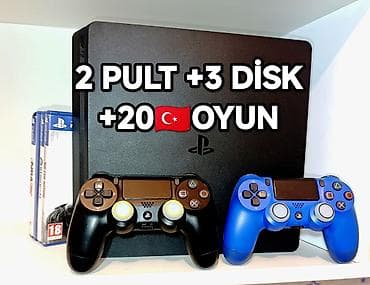 Şəkildəki PS4 slim 500gb plombu üzərində ideal 2 pult +3disk +türk