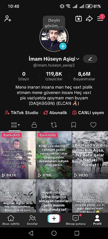 Tik tok səyfəmi satıram aktif seyfedi 120 min takipçisi var realdi
