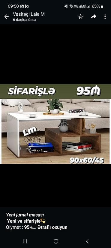 balkon masa: _*Yeni jurnal masası*_ *Yeni və sifarişlə💫* Qiymət : *95₼* Ölçü — 1