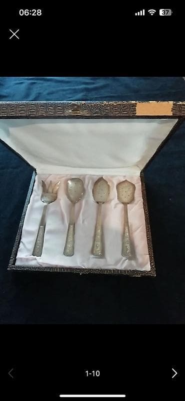 sep ucuz: Antik gümüş süzgəcli qaşıq və çəngəli dəsti – 4 parça - Material — 9