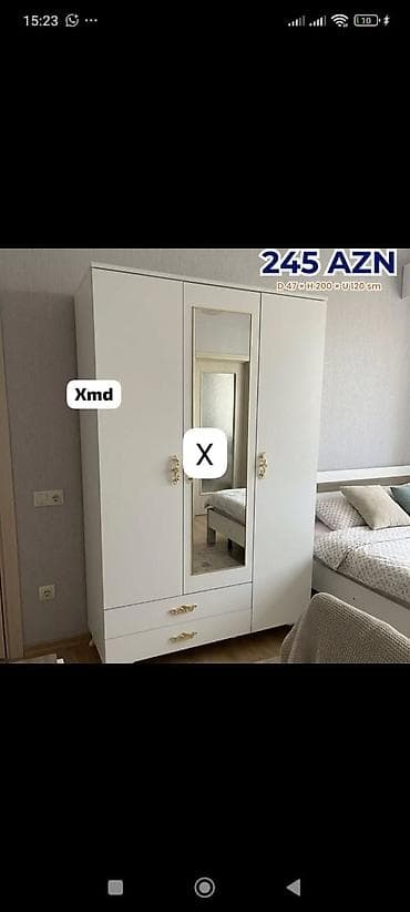 Ev üçün mebel: Ağ rəngdə 3 qapılı dolab - Ölçülər: Dərinlik 47 sm × Hündürlük 200 sm — 1