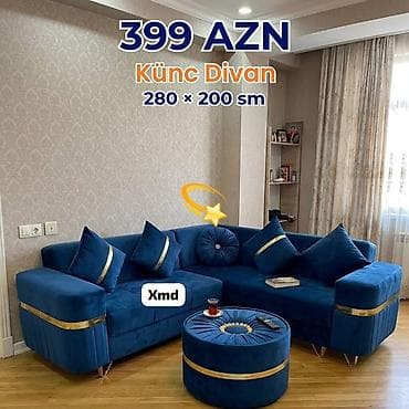 Divanlar: Künc divan – 280 × 200 sm Qiymət: 399 AZN - Şık, tünd mavi rəngdə — 1