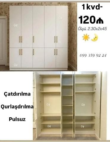 Ağ rəngli çoxbölməli paltar şkafı - Ölçü: 2.30 x 2 x 0.45 m - Ön