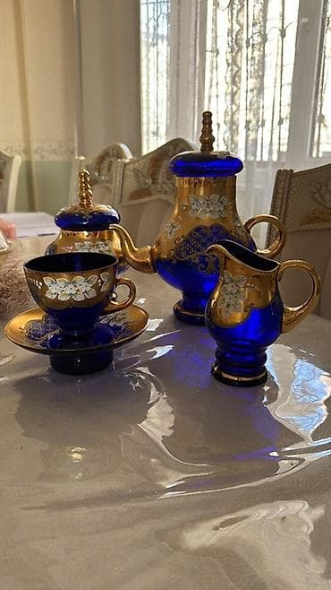 kofe dəsti: Qəhvə dəsti, rəng - Mavi, Şüşə, Bohemia, 6 nəfərlik, Çexiya — 1