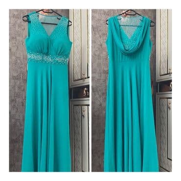 Qadın geyim dəsti 1) Zümrüd rəngli ziyafət donu - Uzun, axıcı ətəkli