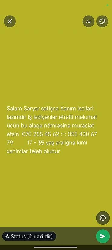 Satış məsləhətçisi tələb olunur, Yalnız qadınlar üçün, 18-29 yaş, Təcrübəsiz