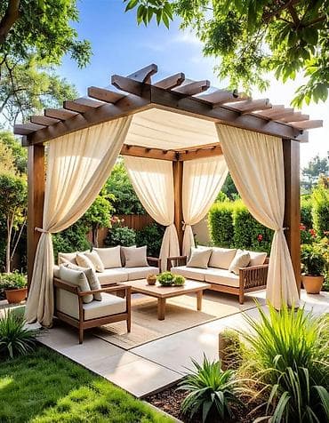 Bağ çətirləri: Bağ üçün taxta pergola – pərdəli istirahət guşəsi - Material — 1
